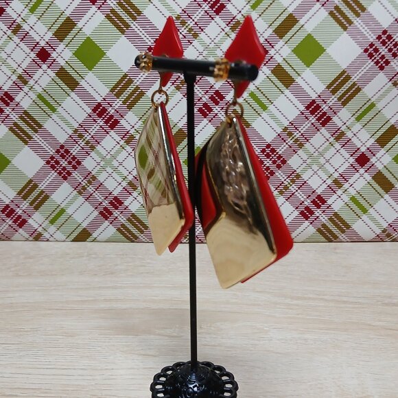 Large Red & Gold Tone Plastic Book Stud Earrings Vintage Jewelry #91 - Picture 5 of 11